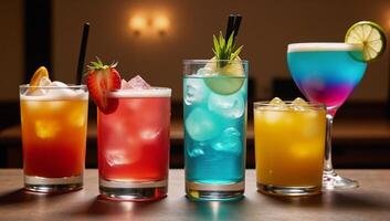 Assorted drinks and alcoholic beverages displayed in various glasses and garnished for visual appeal photo