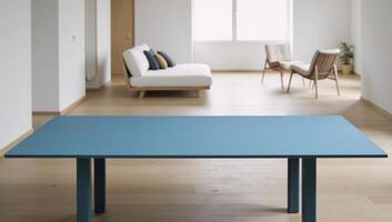 A Minimalist Japanese Living Room highlights a Blue Dining Table with Stylish Chairs photo