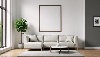 Mockup of modern interior design featuring living room wall and house background on an ISO A papersized frame photo