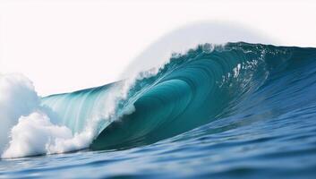 A closeup of an isolated blue ocean wave against a blank backdrop photo