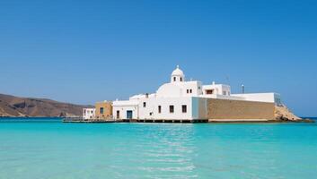 Minimalist Square Design Flat Style Travel Portrayal of Mykonos highlighting its iconic white structures azure waters for travelinspired dcor or vacations photo