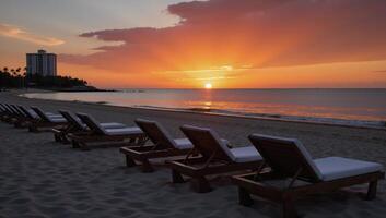 Beach Sunset Lounge Chairs Foreground Distant Building photo