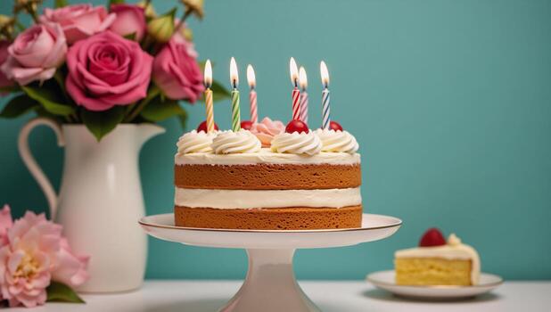 A birthdaythemed table setting with decorative elements and backdrop photo