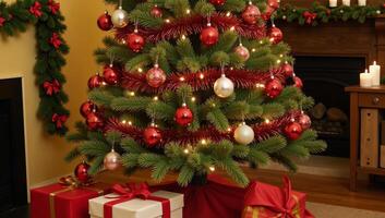 Vibrant decorations adorn a twinkling Christmas tree with gifts and warmth photo