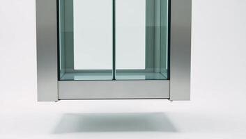 Sleek futuristic glass elevator against white background photo