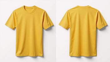 Mockup of blank mustard yellow tshirt front and back against white background for design purposes photo