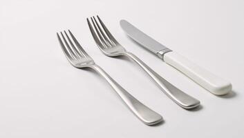 Isolated fork and knife set against white backdrop with sharp focus photo