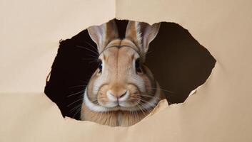A curious rabbit is depicted peering through torn paper photo