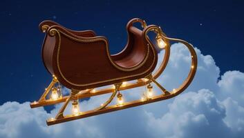 Majestic sleigh adorned with gold and lantern lights flies over starfilled blue sky dotted with fluffy clouds photo
