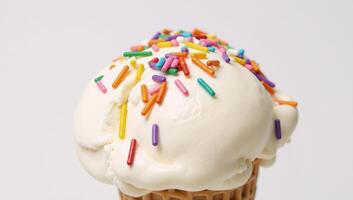 A colorful ice cream cone with swirls of vanilla and vibrant sprinkles adorning its peak photo