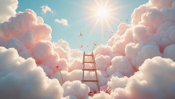 Step ladder leads to fluffy clouds in a whimsical pastelhued scene representing optimism and progress photo