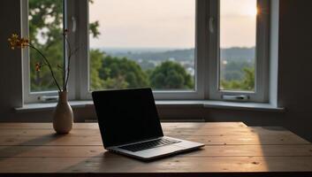 Laptop on wood table with balcony dusk view photo