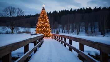 A snowy bridge leads to a twinkling Christmas tree in a wintry landscape photo