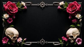 A Gothic banner displaying skulls blooming flowers Blacksilver theme widescale design with ample copiespace photo