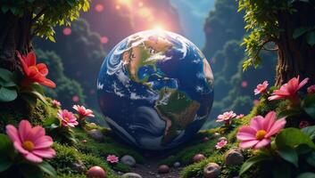 Vibrant glowing Earth with lush flora and fauna exuding a psychedelic vibe photo
