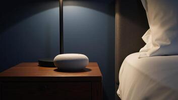 Sleek greywhite smart speaker sits atop lit nightstand in dark blue bedroom photo