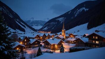 Snowy village glows with festive lights during winter nightfall photo