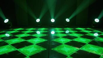 Vibrant dynamic stage setting with green lights and reflective geometric patterns for events or performances photo