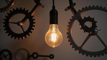 A dynamic digital illustration showcasing intertwined light bulbs and spinning gears in motion photo