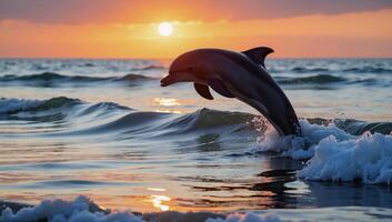 A leaping dolphin silhouetted against a sunset wave photo