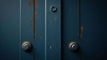 Closeup image showcases an aged metal surface with dusty textures reminiscent of old films on a dark blue background photo