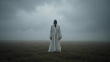 Ghostly figure standing in foggy field photo