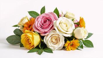 Watercolor floral still life featuring colorful assortment of roses peonies marigolds chamomile and lush greenery against a white backdrop photo
