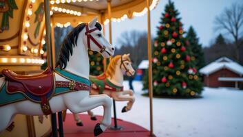 Winter carousel with horsed against backdrop of snowy park filled with towering Christmas trees photo