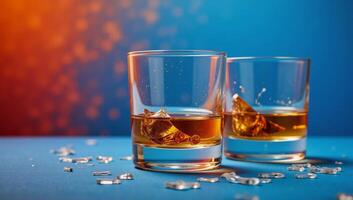 Celebrate National Hangover Day or Dry January with an abstract image featuring alcoholic beverages glasses set against a vibrant background in blueorangered color scheme photo