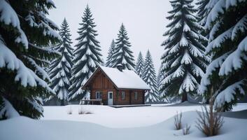 A snowy winter landscape features a solitary cabin within pine trees photo
