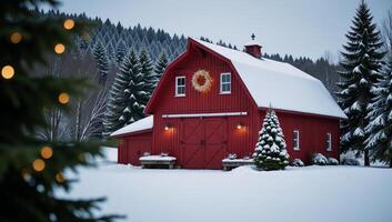 Snowy countryside scene featuring a cozy lighted red barn amidst evergrees photo