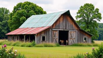 Rustic watercolor image featuring a charming barn on a picturesque farm photo