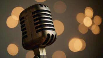 Vintage microphone against a blurry dreamy background in a stock image photo