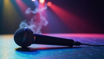 Microphone stands alone against a backdrop of colored lights and smoke onstage photo