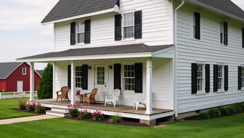 White farmhouse with a spacious porch red barn on the backdrop photo