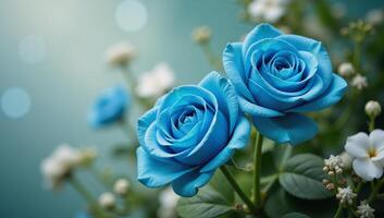 Blue rose bouquet amidst a colorful and romantic garden setting photo