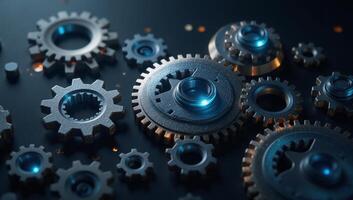 Lightthemed abstract image featuring interlinked gears and geometric elements in a futuristic setting photo