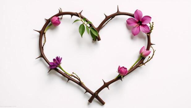 Simple linedrawing portrait featuring flowers vines and thorns forming a heart shape on a white background photo