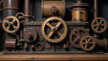 Vintage rusty machinery and gears against a steampunk industrial backdrop photo