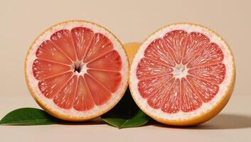Pinkfleshed halves of grapefruit on a plate with green leafy garnish photo