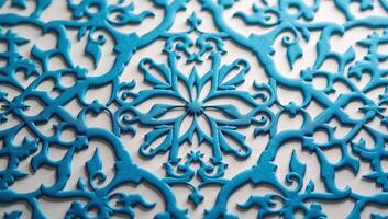 Decorative abstract design showcasing bluetoned Islamic motifs and floral patterns photo