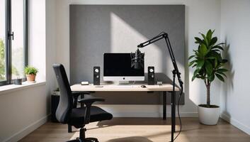 Modern creative workspace equipped with prograde microphone and advanced PC ideal for podcasting streaming and content creation photo
