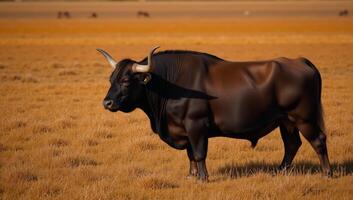Bull standing amidst an orangebrown grassy field photo