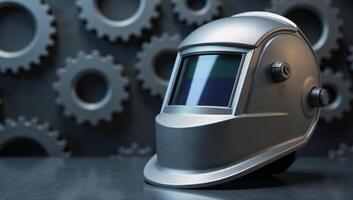 A captivating 3D render showcases a welding helmet amidst gears signifying industrial innovation in metalwork photo