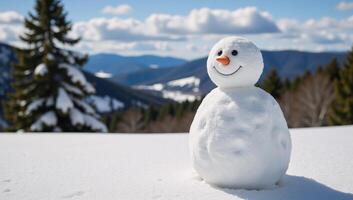 Snowman adorned against wintry backdrop Winter Landscape Cute photo