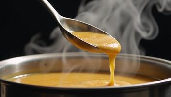 A ladle pours hot soup into a large pot photo