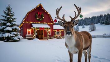A festive farm scene showcases a decorated barn reindeer and snowy fields during Christmas photo