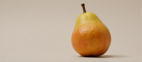 A playful depiction of a friendlylooking colorfully patterned panda munching on juicy ripe pear photo