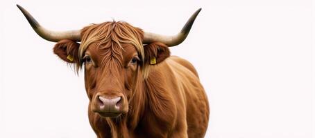 A lone Highland Cattle is depicted against a pristine white backdrop in Scotland photo