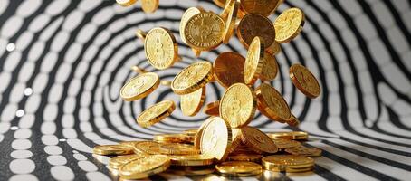 Digital abstract art showcases golden coins falling within a binary code backdrop photo